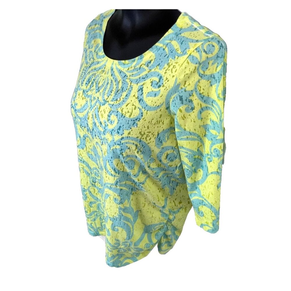 B.L.E.U. - Women's PL Tunic Yellow Blue Brocade Print Burnout with Blue Sparkles - Picture 3 of 12